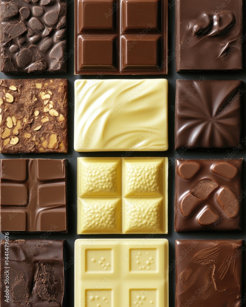 Delicious assortment of chocolate bars in various flavors and textures a tempting close up shot of sweet indulgence perfect for food photography and dessert lovers