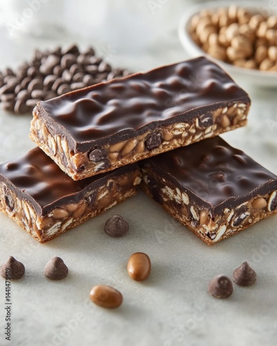 Obraz na płótnie Delicious chocolate caramel protein bars stacked on marble surface with chocolate chips and caramel candies for healthy snack w salonie