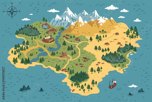 Create a detailed fantasy continent map showcasing diverse biomes towering mountains, sprawling forests, vast rivers, and vibrant coastal regions.  Include intricate details and a sense of scale.
