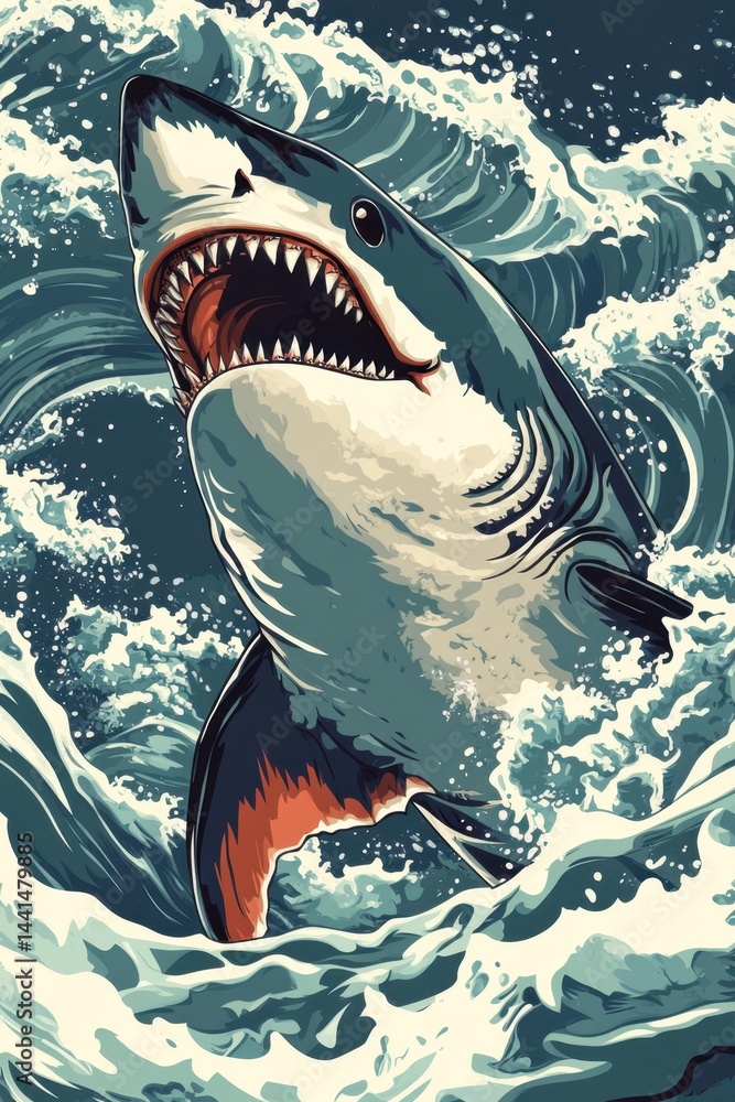 Dramatic illustration of a great white shark emerging from turbulent ocean waves with an open mouth and sharp teeth creating a sense of power and danger