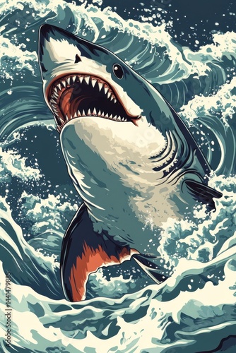 Obraz na płótnie Dramatic illustration of a great white shark emerging from turbulent ocean waves with an open mouth and sharp teeth creating a sense of power and danger w salonie