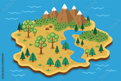 Create a flat style top-down illustration of a lush island, showcasing rivers meandering through dense forests.  Include detailed tree textures and varied river widths.