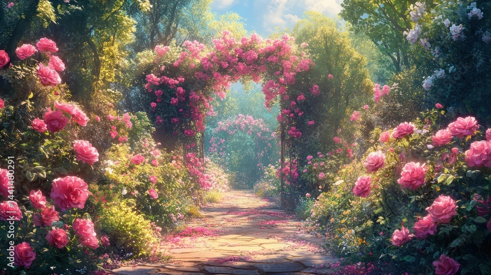 Enchanting floral path with pink roses and arches in a lush garden scenery