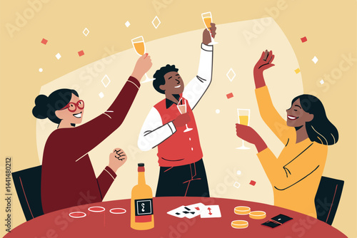 Joyful friends raise champagne flutes in celebratory toast after a victorious win, capturing the elation and camaraderie of shared success.
