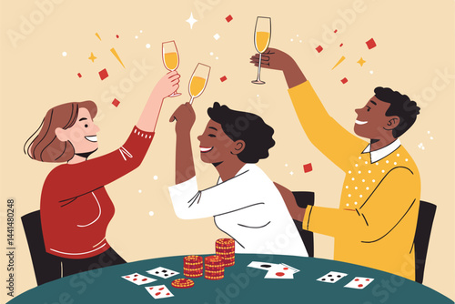 Joyful friends raise champagne flutes in celebratory toast after a triumphant victory, capturing the pure elation of shared success.