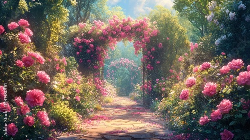 Obraz na płótnie Enchanting floral path with pink roses and arches in a lush garden scenery w salonie
