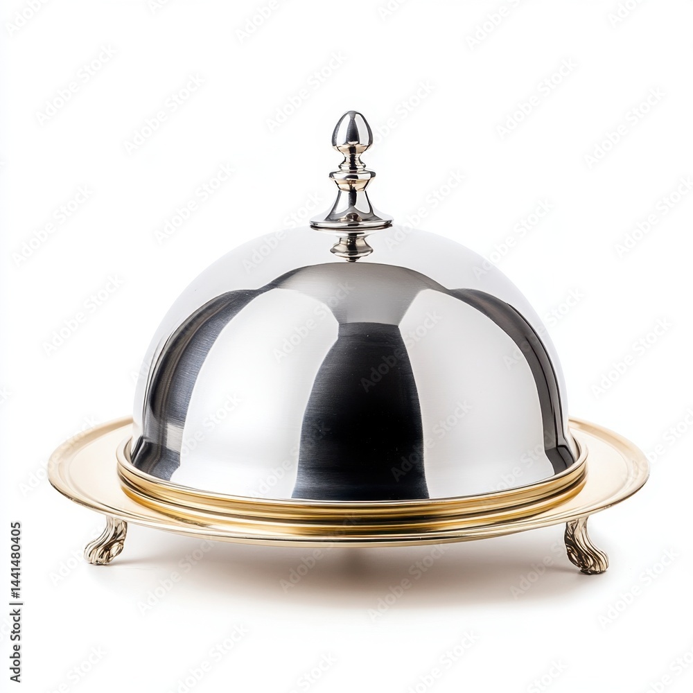 Elegant silver cloche and golden plate on white background showcasing luxury dining presentation