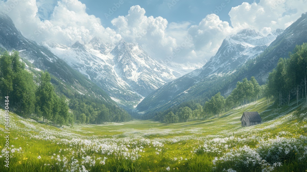 Idyllic alpine landscape featuring snow-capped mountains and a wildflower meadow