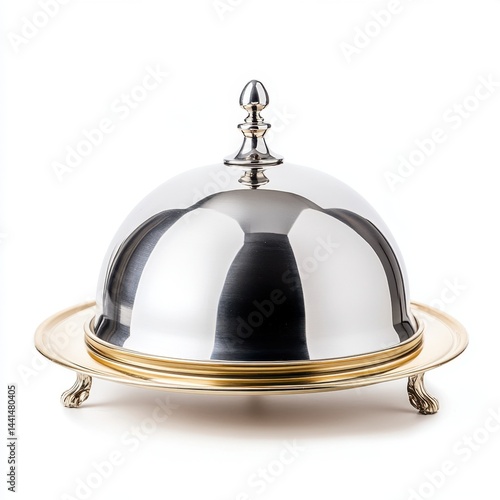 Obraz na płótnie Elegant silver cloche and golden plate on white background showcasing luxury dining presentation w salonie