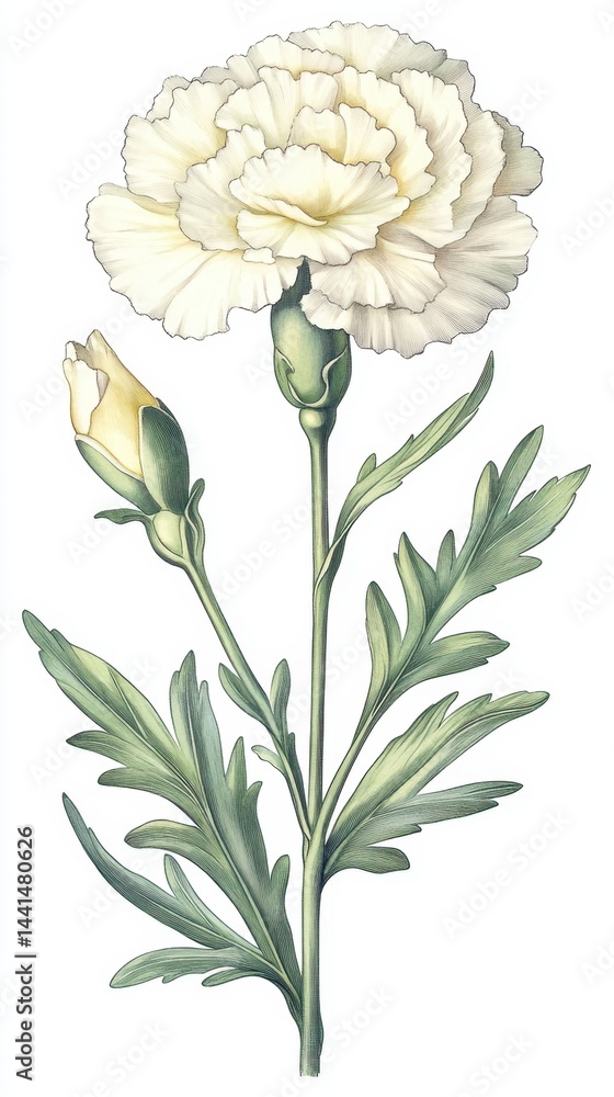Delicate white carnation flower botanical illustration detailed vintage style floral art isolated on a clean white background capturing the beauty of nature in a timeless design
