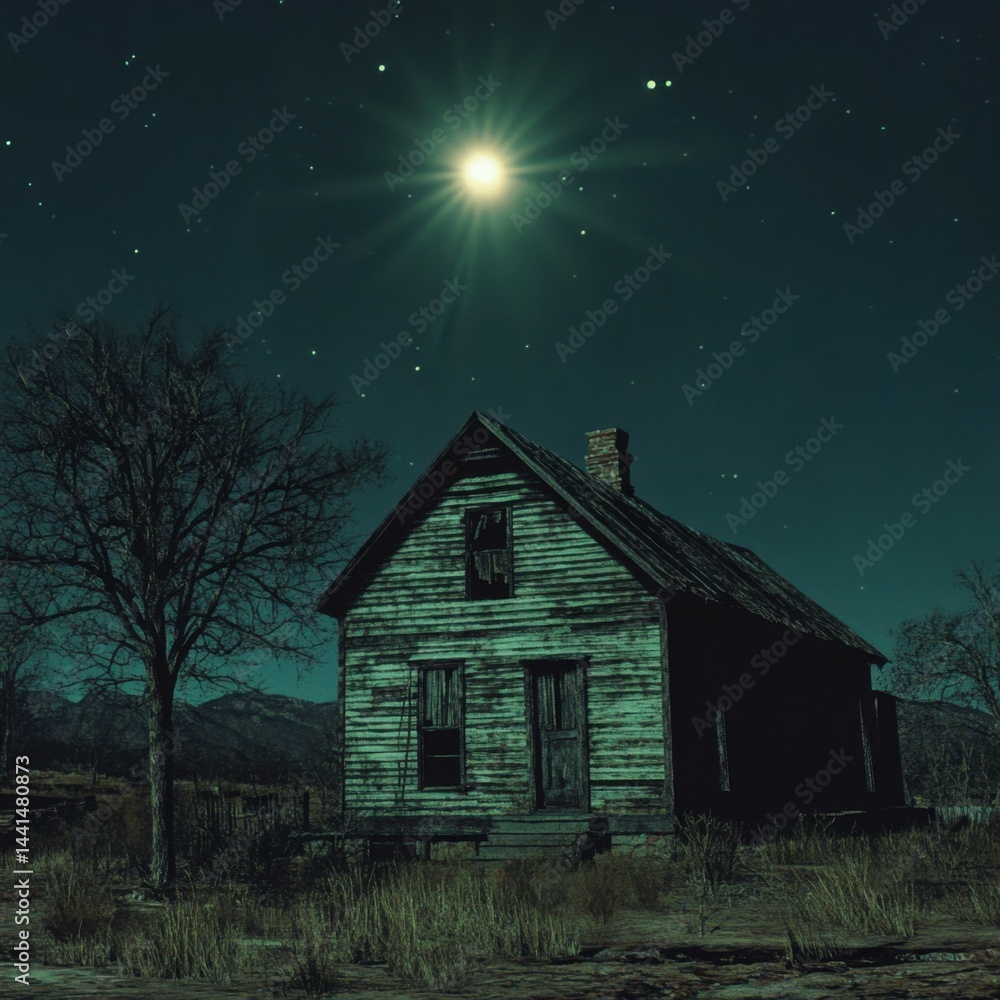 Eerie Abandoned House Under a Starry Night Sky with a Glowing Moon Creating a Mysterious and Dreamlike Atmosphere in a Rural Landscape with Bare Tree