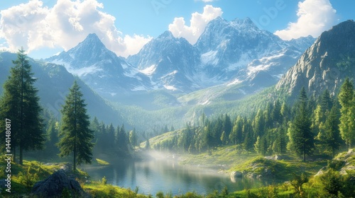 Obraz na płótnie Majestic snowy mountain range with serene lake and verdant forest scenery w salonie