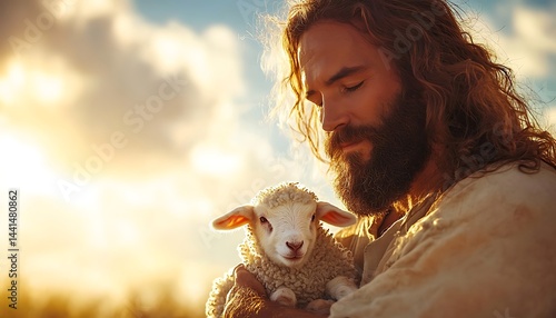 Man gently holds a lamb at sunset
