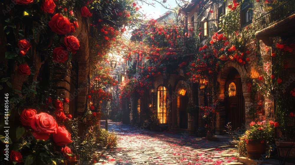 Romantic european alleyway adorned with vibrant red roses in full bloom