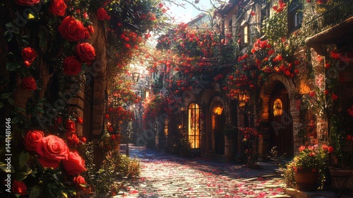 Obraz na płótnie Romantic european alleyway adorned with vibrant red roses in full bloom w salonie