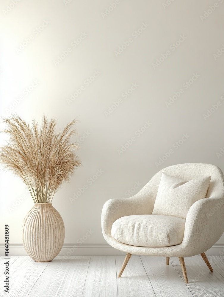 Elegant interior scene featuring a cream armchair a vase with pampas grass against a neutral wall creating a cozy and inviting atmosphere in a minimalist style