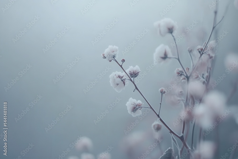 Delicate frosted blossoms on slender branches against a soft misty background evoking winter serenity and natural beauty in a gentle light