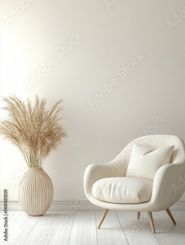Obraz na płótnie Elegant interior scene featuring a cream armchair a vase with pampas grass against a neutral wall creating a cozy and inviting atmosphere in a minimalist style w salonie