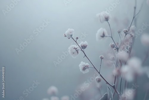 Obraz na płótnie Delicate frosted blossoms on slender branches against a soft misty background evoking winter serenity and natural beauty in a gentle light w salonie