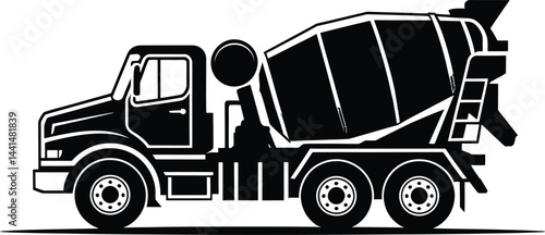 Detailed black and white vector illustration of a concrete mixer truck for construction and industrial use