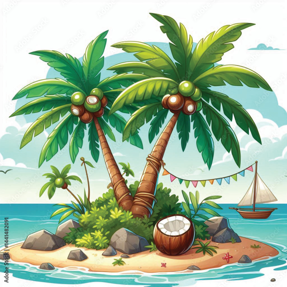 Obraz premium Cartoon Tropical Island with Palm Trees and Coconut on the Beach, Summer Paradise Ocean Landscape Illustration