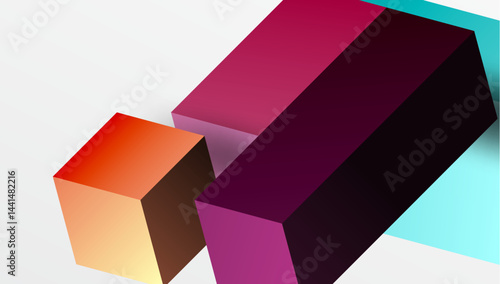 Abstract geometric shapes, vibrant colors, overlapping forms. Minimalist design, modern aesthetic, gradient hues present.