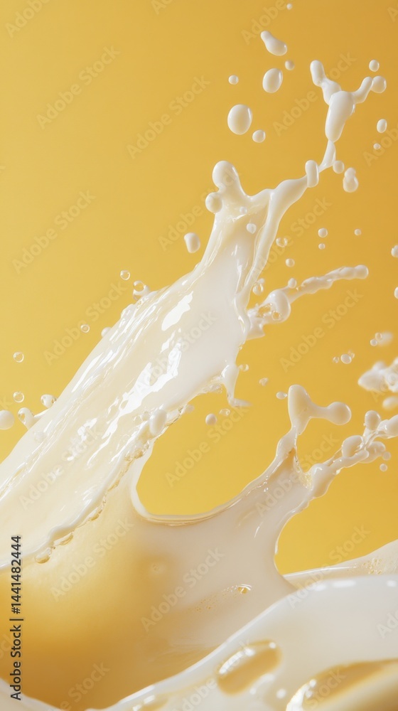 Dynamic milk splash against vibrant yellow backdrop capturing fluid motion and creamy texture in minimalist style perfect for food and beverage advertising campaigns