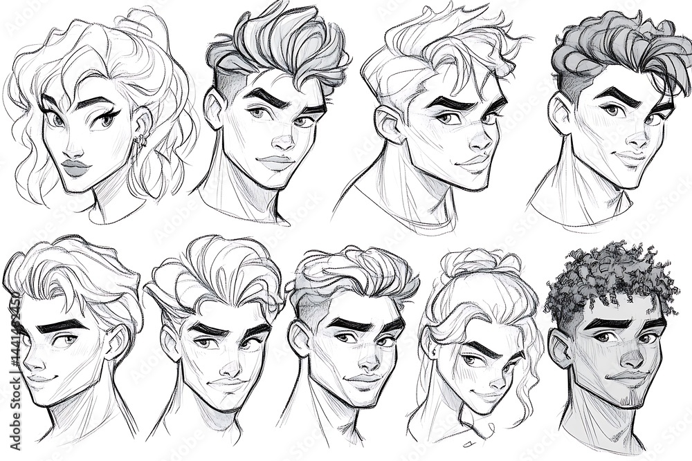 Various character sketches in grayscale illustration style. Various character sketches in grayscale illustration style.