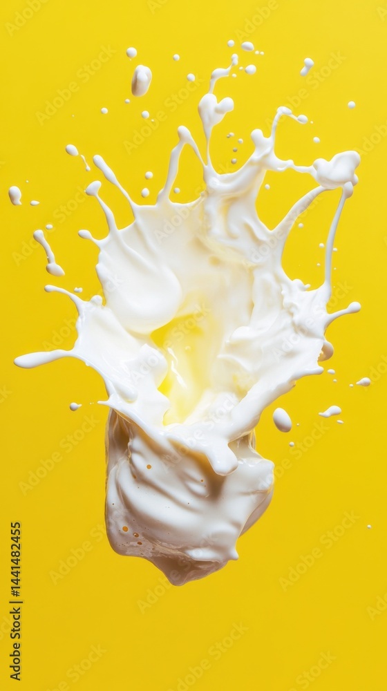 Creamy splash on vibrant yellow backdrop creating dynamic visual interest for food and beverage photography with a clean and modern aesthetic perfect for stock imagery