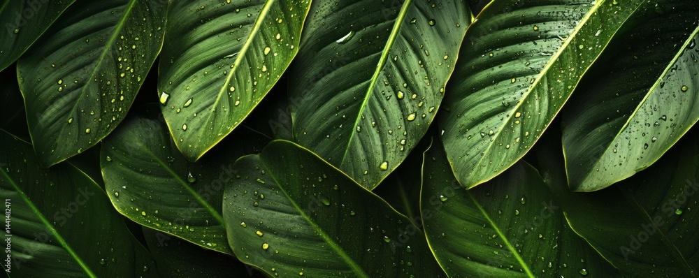 Fototapeta premium Close-up view of lush green leaves covered in droplets.