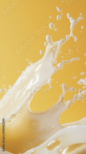 Obraz na płótnie Dynamic milk splash against vibrant yellow backdrop capturing fluid motion and creamy texture in minimalist style perfect for food and beverage advertising campaigns w salonie