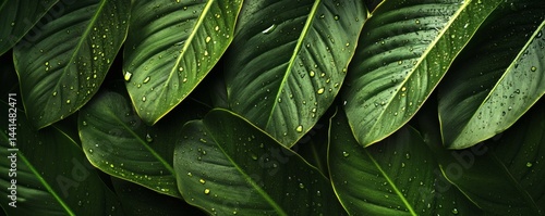 Close-up view of lush green leaves covered in droplets.