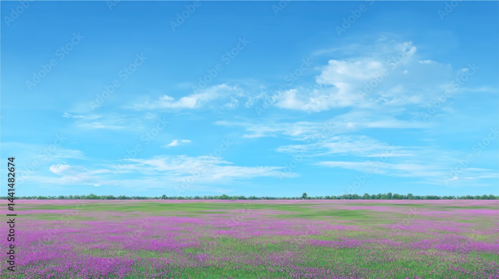 Serene vista of a vibrant purple flower field under a vast blue sky dotted with fluffy white clouds