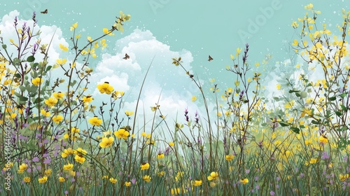 Obraz na płótnie Serene meadow illustration with vibrant yellow wildflowers and graceful butterflies against a soft blue sky creating a peaceful and whimsical atmosphere in a painterly style w salonie