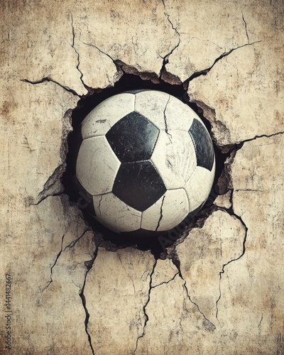 Obraz na płótnie Dynamic soccer ball breaking through a cracked wall with raw power and energy creating a dramatic visual impact showcasing determination and strength in a gritty style w salonie