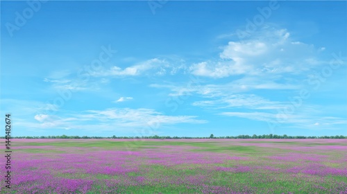 Obraz na płótnie Serene vista of a vibrant purple flower field under a vast blue sky dotted with fluffy white clouds w salonie