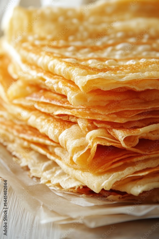Delicious homemade crepes stacked high on parchment paper a culinary delight perfect for breakfast brunch or dessert showcasing golden texture and inviting aroma