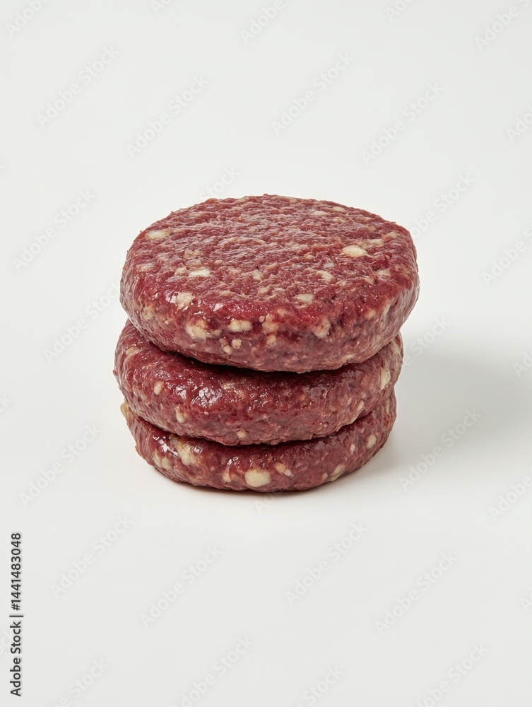 Stack of Raw Ground Beef Burger Patties Ready for Grilling on a Clean White Background Perfect for Summer Barbecues and Healthy Eating Concepts
