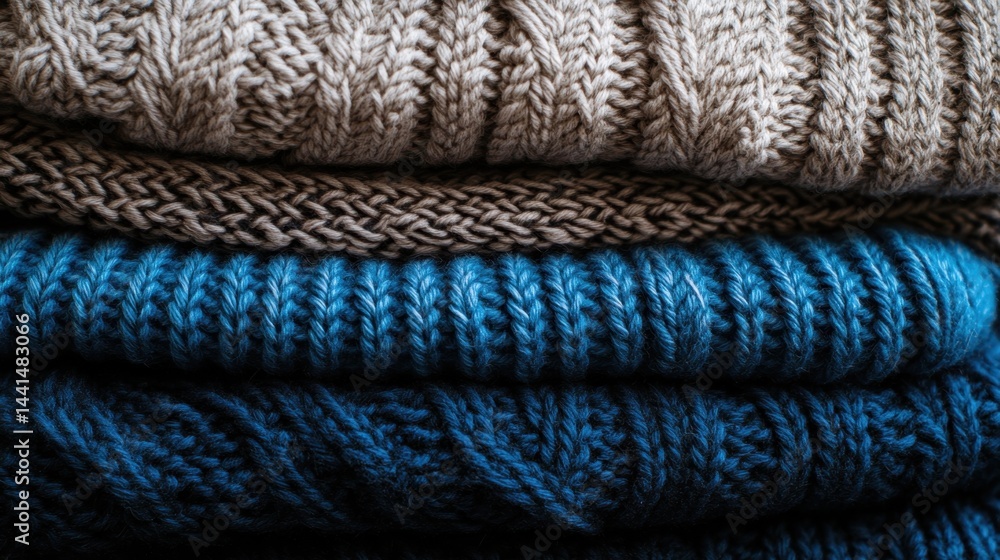Cozy knitted texture of stacked sweaters in neutral and blue tones creating a warm and inviting winter atmosphere showcasing comfort and craft with a close up view