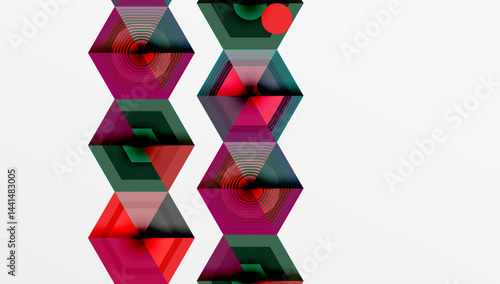 Abstract geometric pattern. Stacked shapes create vertical design. Red, green, purple hues dominate composition. Minimalist style.