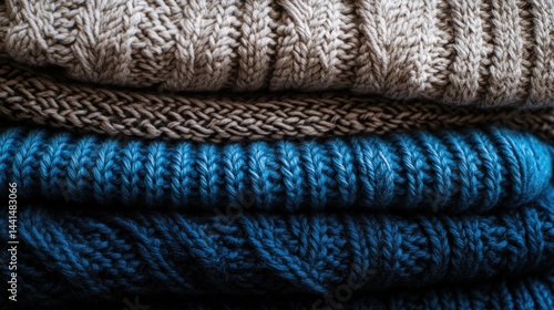 Obraz na płótnie Cozy knitted texture of stacked sweaters in neutral and blue tones creating a warm and inviting winter atmosphere showcasing comfort and craft with a close up view w salonie