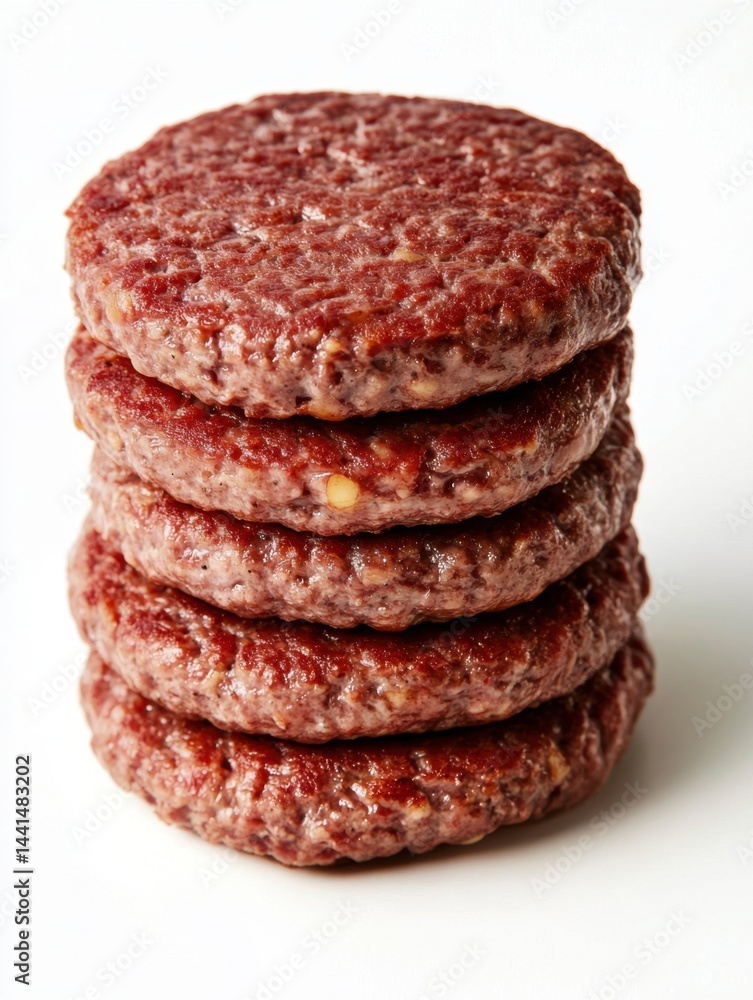 Stack of Raw Burger Patties on White Background Ready for Grilling Preparation Delicious Meat Close Up Food Photography