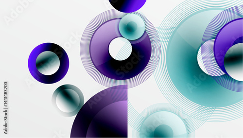 Abstract composition features overlapping circles, gradients. Purple, teal hues dominate minimalist design. Lines create dynamic visual effect.