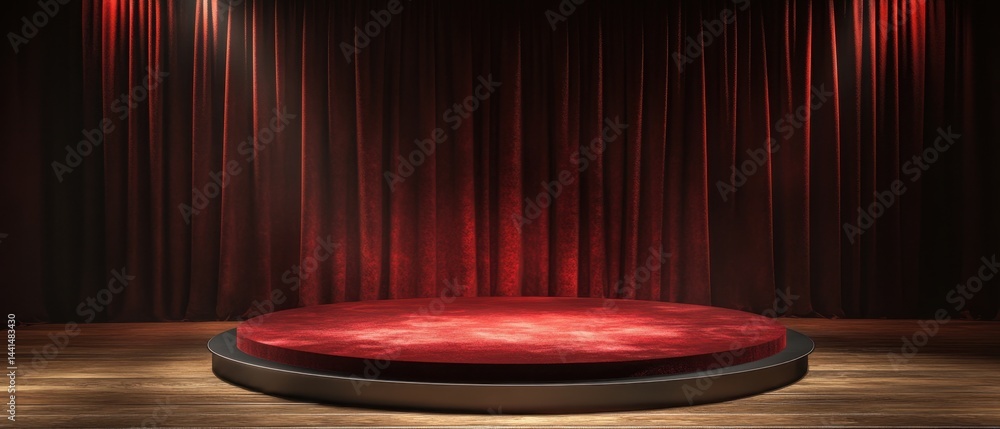 Dramatic stage with red velvet platform and curtain backdrop spotlight illuminating performance area for presentations and theatrical events creating a captivating atmosphere