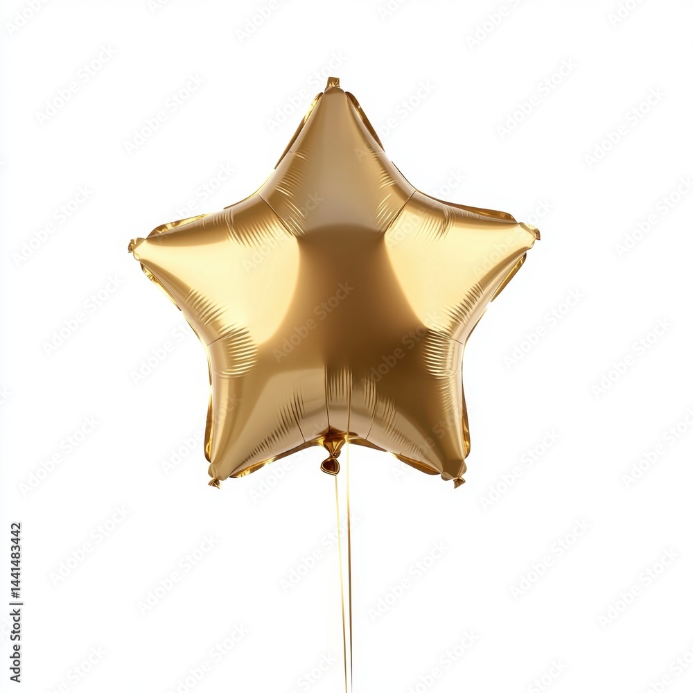 Golden star balloon floating against white backdrop celebration festive party decoration element shiny metallic surface happy birthday anniversary event