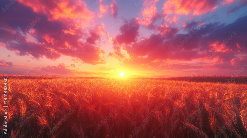 Crimson Sunset Over a Golden Wheat Field: An Evocative Rural Scenery