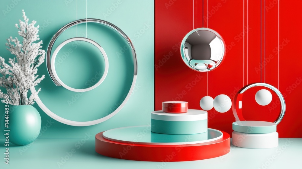 Abstract geometric display showcasing vibrant colors and modern shapes for product presentation and artistic expression with a clean and minimalist aesthetic