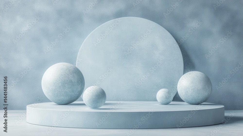 Minimalist light blue product display podium with spheres and a backdrop for cosmetic presentation and abstract modern design with a soft texture and subtle gradient