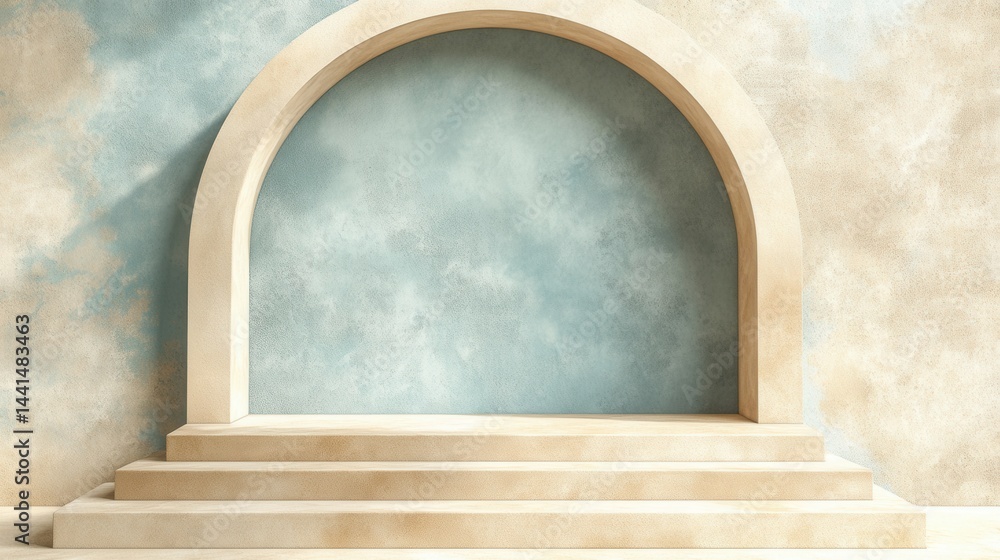 Elegant stone archway with steps against a textured blue and beige wall creating a serene and minimalist backdrop ideal for product display and artistic presentation