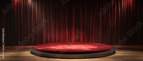 Obraz na płótnie Dramatic stage with red velvet platform and curtain backdrop spotlight illuminating performance area for presentations and theatrical events creating a captivating atmosphere w salonie